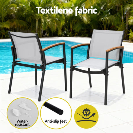 Three piece outdoor bistro set with black steel frame and grey Textilene chairs