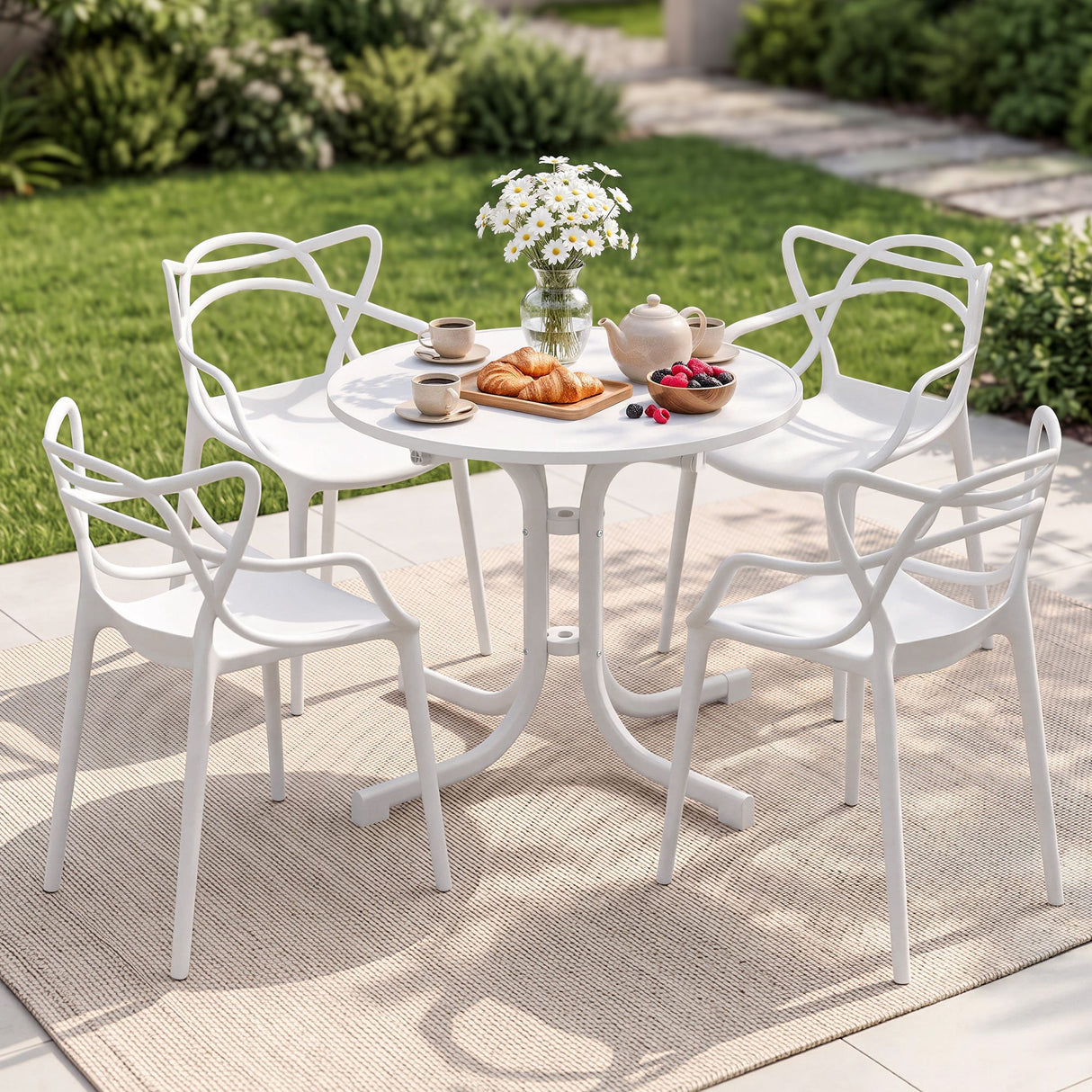 5 Piece Folding Outdoor Dining Set, White, Cross Weave Chairs