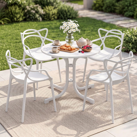 5 Piece Folding Outdoor Dining Set, White, Cross Weave Chairs