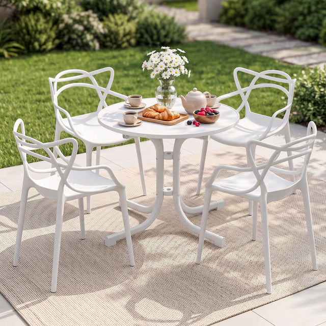 5 Piece Folding Outdoor Dining Set, White, Cross Weave Chairs