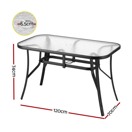 Gardeon 120cm Outdoor Dining Table — Black Steel Frame, Tempered Glass, Parasol Hole — Allure Home Collections