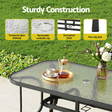 Gardeon 120cm Outdoor Dining Table — Black Steel Frame, Tempered Glass, Parasol Hole — Allure Home Collections