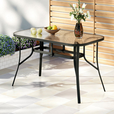 Gardeon 120cm Outdoor Dining Table — Black Steel Frame, Tempered Glass, Parasol Hole — Allure Home Collections