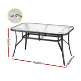 Gardeon 140cm Outdoor Dining Table — Black Steel Frame, Tempered Glass, Parasol Hole — Allure Home Collections