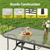 Gardeon 140cm Outdoor Dining Table — Black Steel Frame, Tempered Glass, Parasol Hole — Allure Home Collections