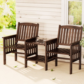 Charcoal brown timber garden bench in an outdoor setting