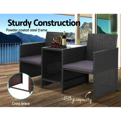 Akolele Loveseat Bench with Table Black
