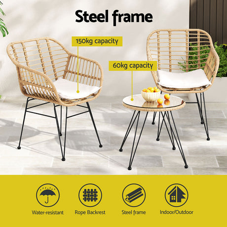 Helensvale 3 Piece Outdoor Lounge Set, Natural Wicker