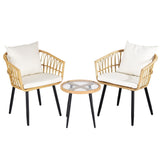 Three piece natural rattan outdoor bistro set with table and two chairs