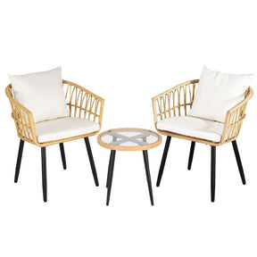 Three piece natural rattan outdoor bistro set with table and two chairs