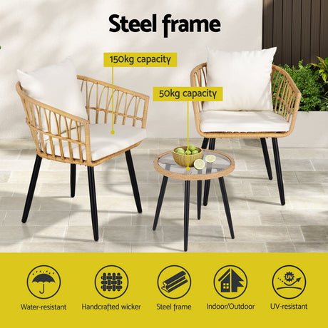 Carrara 3 Piece Outdoor Lounge Set, Natural Wicker