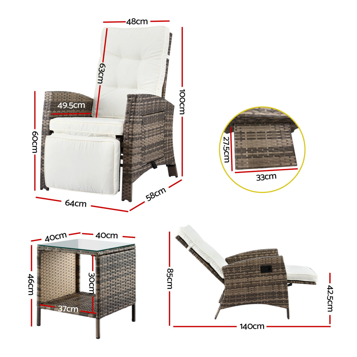 Nambour 3 Piece Outdoor Recliner Set, Brown