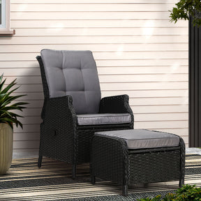 Denhams Beach outdoor wicker recliner chair with matching ottoman in a garden