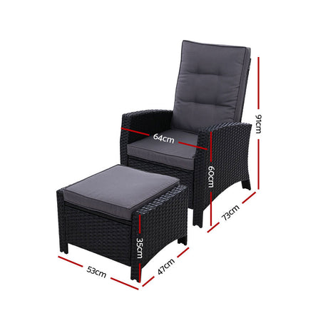 Gardeon Outdoor Wicker Recliner Chair and Ottoman Set Adjustable Black — Allure Home Collections