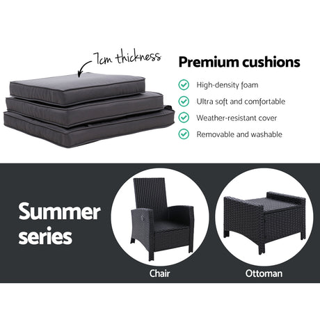 Gardeon Outdoor Wicker Recliner Chair and Ottoman Set Adjustable Black — Allure Home Collections