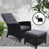 Gardeon Outdoor Wicker Recliner Chair and Ottoman Set Adjustable Black — Allure Home Collections