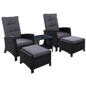 Cunjurong outdoor wicker recliner set with two recliners, ottomans and glass side table