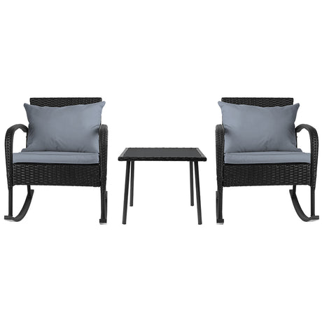 Gardeon Black Wicker 3PC Rocking Chair Set