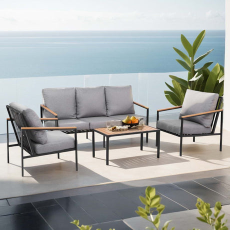 Elanora black steel outdoor lounge set in an outdoor setting