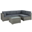 Grey rattan wicker outdoor lounge setting with sofa armchairs and table on a patio