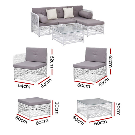 Mermaid 5 Piece Outdoor Corner Lounge Set, White Rattan