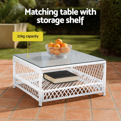 Mermaid 5 Piece Outdoor Corner Lounge Set, White Rattan