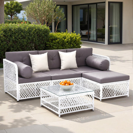 Mermaid 5 Piece Outdoor Corner Lounge Set, White Rattan