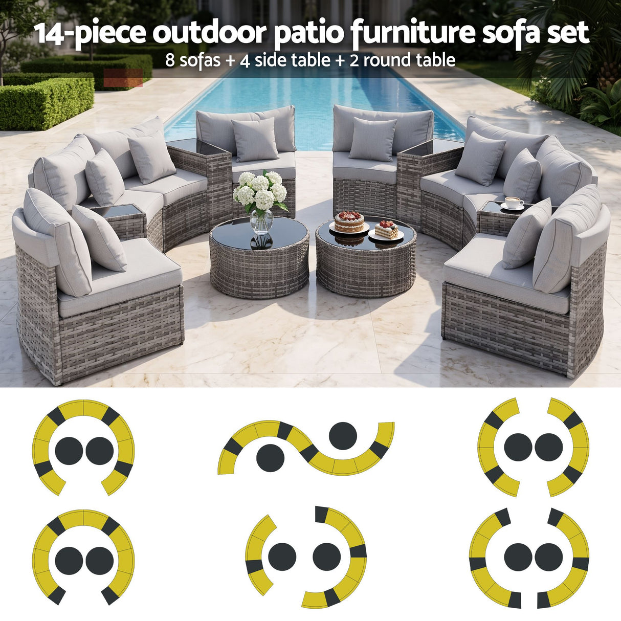 Surfers 14 Piece Outdoor Lounge Set, Grey Rattan