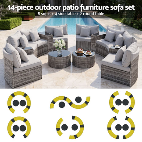 Surfers 14 Piece Outdoor Lounge Set, Grey Rattan