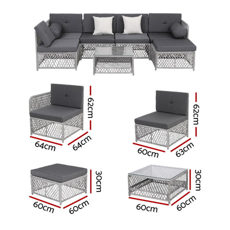 Miami 7 Piece Outdoor Corner Lounge Set, Grey Rattan