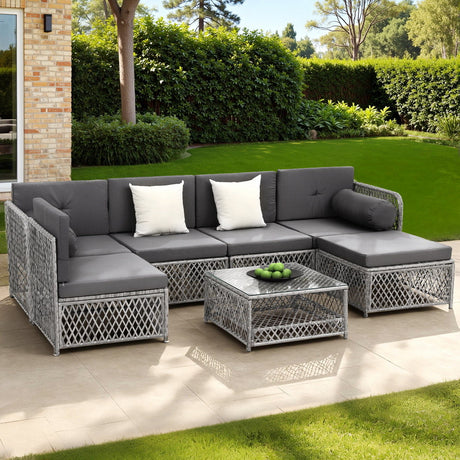 Miami 7 Piece Outdoor Corner Lounge Set, Grey Rattan