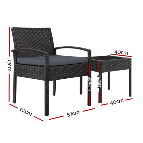 Tamborine 3 Piece Outdoor Lounge Set, Black Wicker