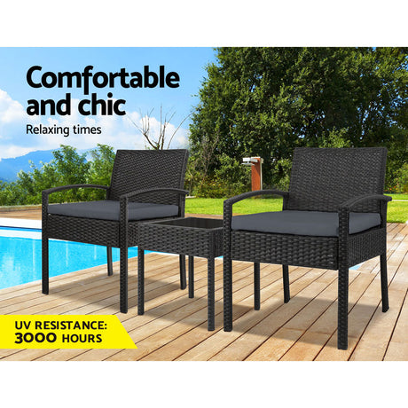 Tamborine 3 Piece Outdoor Lounge Set, Black Wicker