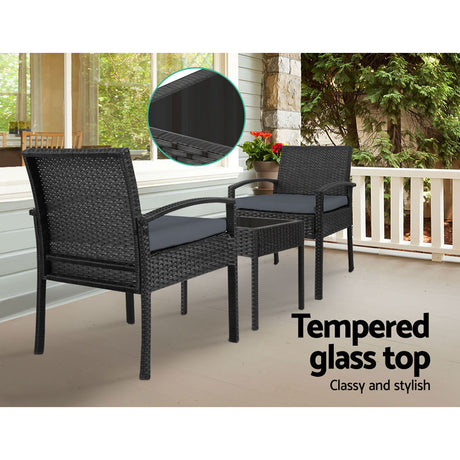 Tamborine 3 Piece Outdoor Lounge Set, Black Wicker