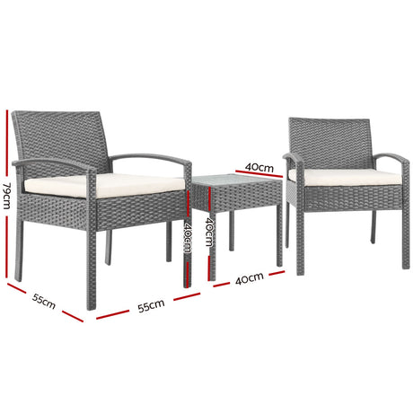 Tamborine 3 Piece Outdoor Lounge Set, Grey Wicker