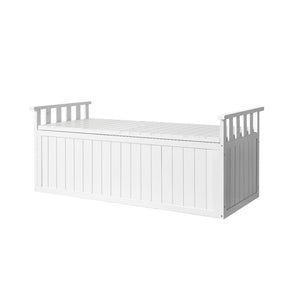 Cummins white fir wood 129cm outdoor storage bench on a patio