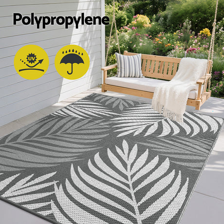 Botanical Leaf Reversible Outdoor Rug, Grey 152x244cm