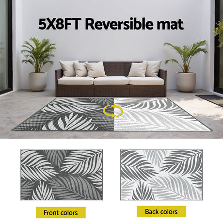 Botanical Leaf Reversible Outdoor Rug, Grey 152x244cm