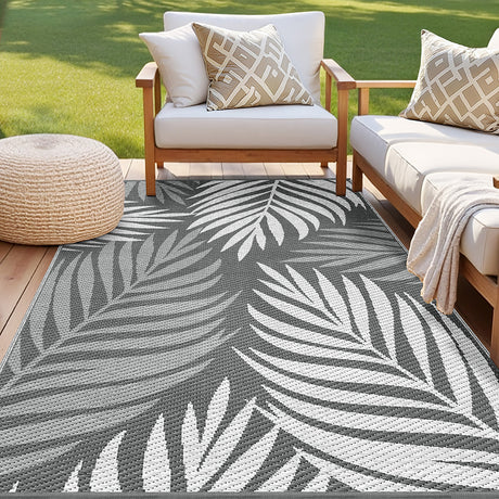 Botanical Leaf Reversible Outdoor Rug, Grey 152x244cm