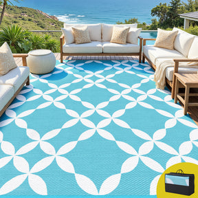 Reversible Floral Outdoor Rug, Light Blue 274x366cm