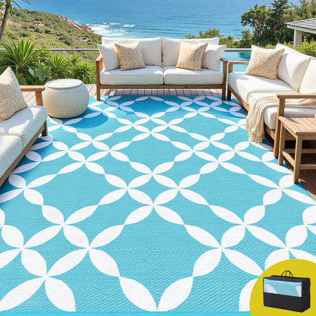 Reversible Floral Outdoor Rug, Light Blue 274x366cm