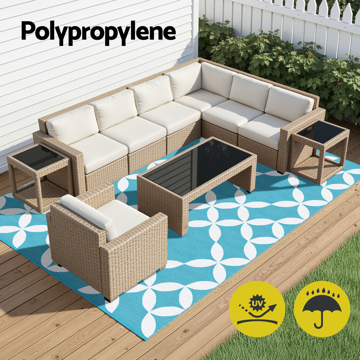 Reversible Floral Outdoor Rug, Light Blue 274x366cm