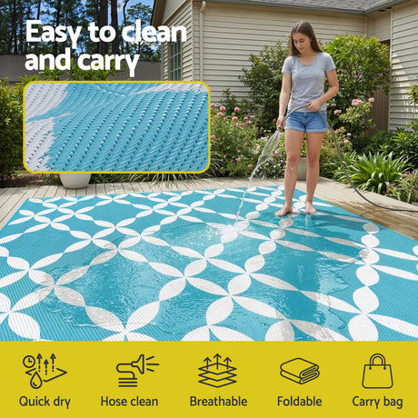 Reversible Floral Outdoor Rug, Light Blue 274x366cm