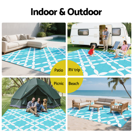 Reversible Floral Outdoor Rug, Light Blue 274x366cm