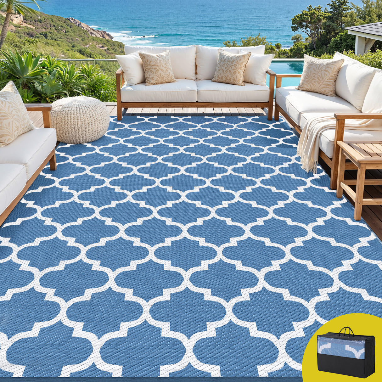 Reversible Wave Outdoor Rug, Blue 274x366cm