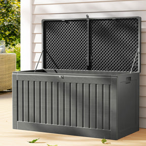 Streaky Bay grey weather resistant outdoor storage bench box on a patio
