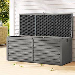Tumby Bay black weather resistant outdoor storage bench box on a deck
