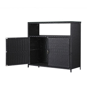 Venus Bay black wicker outdoor storage cabinet and bar table on a patio