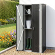 Black lockable outdoor storage cabinet with adjustable shelves