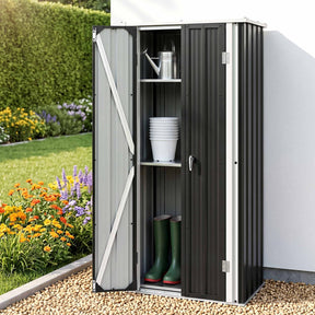 Black lockable outdoor storage cabinet with adjustable shelves